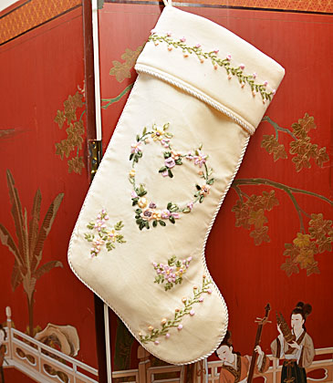 Christmas Stockings. Velvet Cream & Roses. Raised Appliqued Rose
